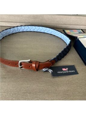 Vineyard Vines Navy Braided Belt with Brown Leather Trim